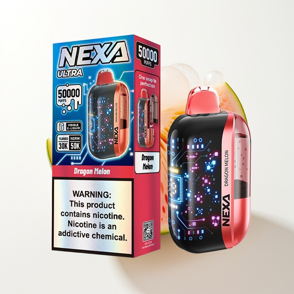 NEXA Ultra 50000 Pūšu Vienreizējās Lietošanas Vape Pūķa Melone ar 20ml Priekšpildījumu, 800mAh Akumulatoru, 5% Nikotīna, 0.9ohm Dual Mesh Spoles, 3d Izliekts Displejs un Type-c Uzlāde