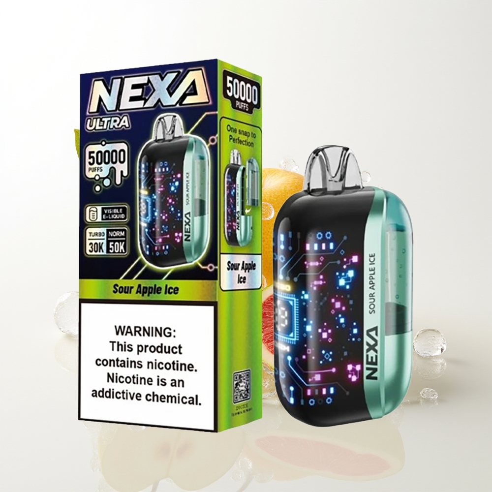 NEXA Ultra 50000 Pūšu Vienreizējās Lietošanas Vape Skābā Ābola Ledus ar 20ml, 800mAh, 5% Nikotīna, 0.9ohm Dual Mesh Coils, 3D Ieliekts Displejs, Type-C Uzlāde