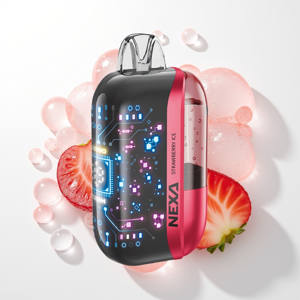 NEXA Ultra 50000 Pūšu Vienreizējās Lietošanas Vape Zemeneņu Ledus ar 20ml Priekšpildījumu, 800mah Akumulatoru, 5% Nikotīna, 0.9ohm Dubultā Režģa Spoles, 3d Izliekto Ekrānu un Type-c Uzlādi