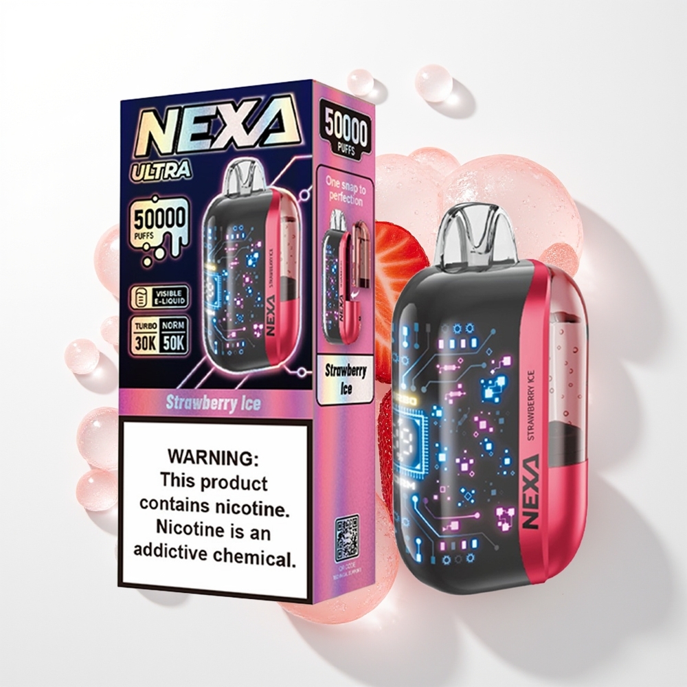 NEXA Ultra 50000 Pūšu Vienreizējās Lietošanas Vape Zemeneņu Ledus ar 20ml Priekšpildījumu, 800mah Akumulatoru, 5% Nikotīna, 0.9ohm Dubultā Režģa Spoles, 3d Izliekto Ekrānu un Type-c Uzlādi