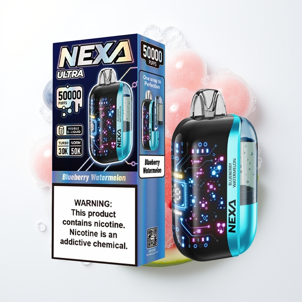 NEXA Ultra 50000 Pūšu Vienreizējās Lietošanas Vape Zilenes Arbūzs ar 20ml Iepriekš Piepildīts, 800mAh Akumulators, 5% Nikotīna, 0.9ohm Dual Mesh Spoles, 3d Izliekts Displejs, Type-c Uzlāde