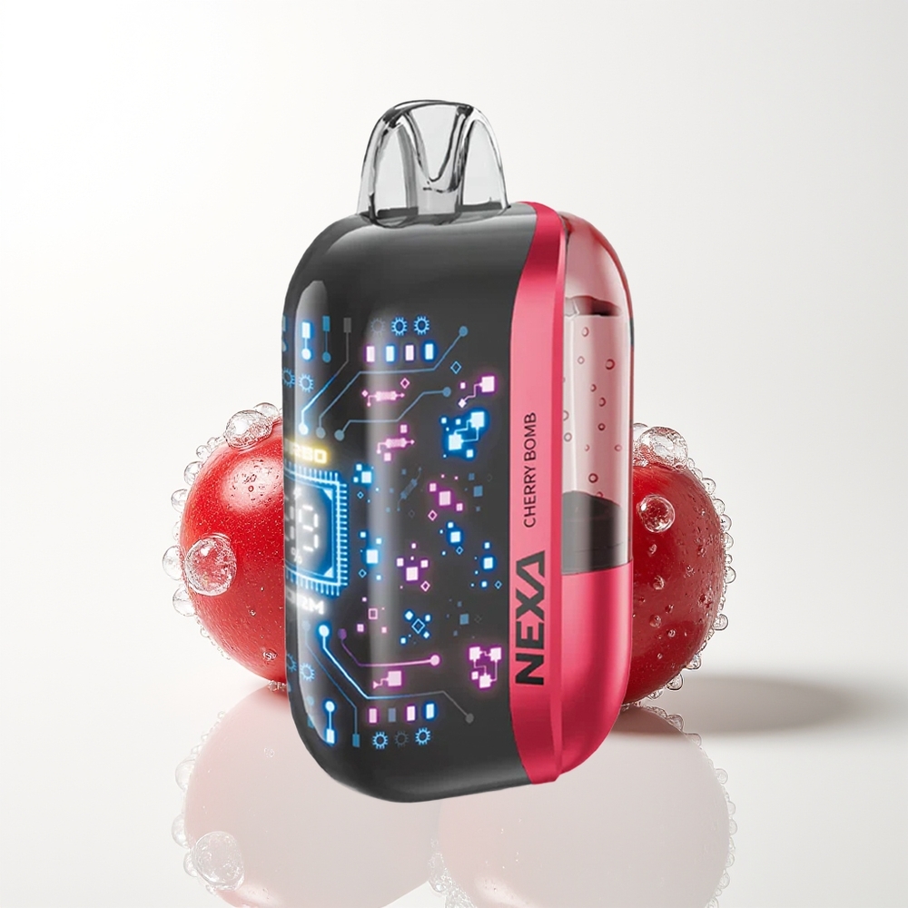 NEXA Ultra 50000 Pūšu Vienreizējās Lietošanas Vape Ķiršu Bombo ar 20ml, 800mAh, 5% Nikotīna, 0.9ohm Dual Mesh Coils, 3D izliekts ekrāns, Type-C uzlāde