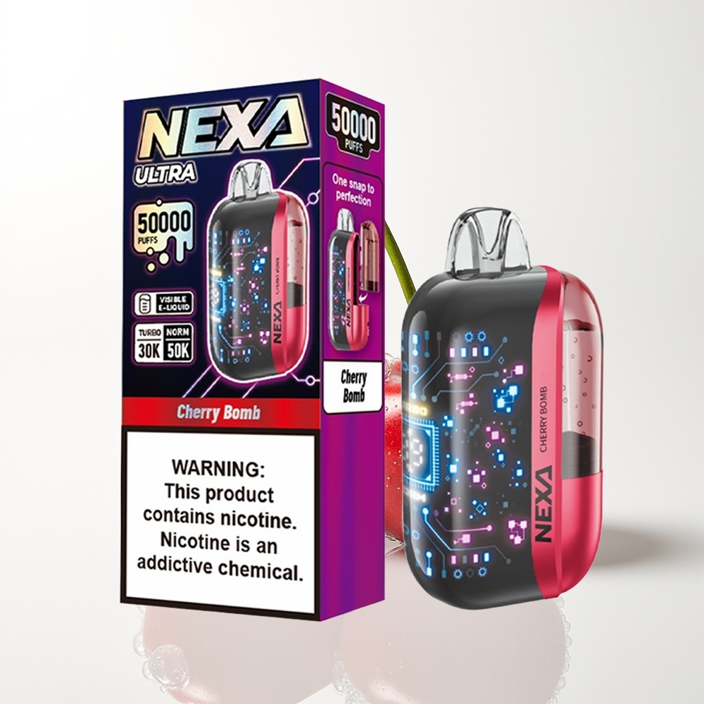 NEXA Ultra 50000 Pūšu Vienreizējās Lietošanas Vape Ķiršu Bombo ar 20ml, 800mAh, 5% Nikotīna, 0.9ohm Dual Mesh Coils, 3D izliekts ekrāns, Type-C uzlāde