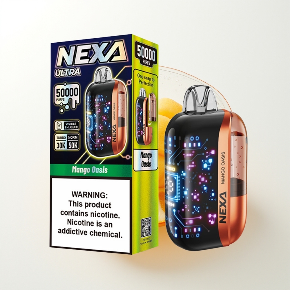 NEXA Ultra 50 000 Iekšā Ielādēta Iespēja Mango Oāze 20ml 800mah 5% 0.9ohm Duel Mesh 3D Izliekts Ekrāns Type-c Uzlāde