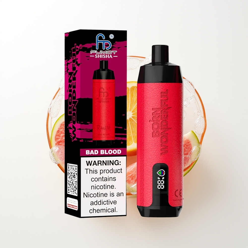 RandM Fumot Shisha 10000 Iespējas Vienreizējās Lietošanas Vape Sliktās Asinis ar LED Indikatoru, 18ml Pirmsuzpildīts e-šķidrums, 850 mAh Akumulators, 0.6ohm Mesh Spole, Type-C Ports, 0.5% Nikotīna Sat