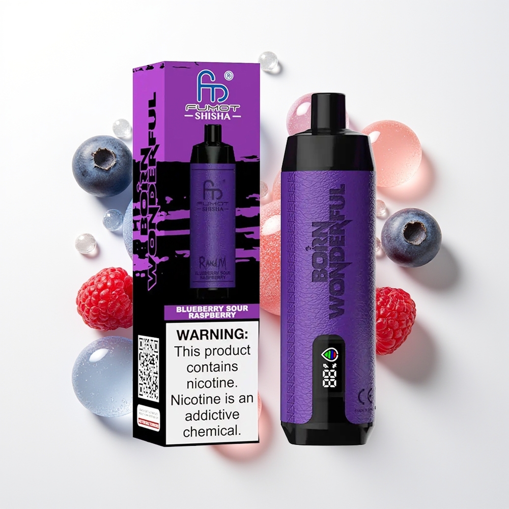 RandM Fumot Shisha 10000 Pūšas Vienreizējās Lietošanas Vape Zilenā Skābo Aveņu ar LED Indikatoru, 18ml e-šķidruma, 850 mAh Akumulatoru, 0.6ohm Mesh Spoli, Type-C Portu un 0.5% Nikotīna Saturu