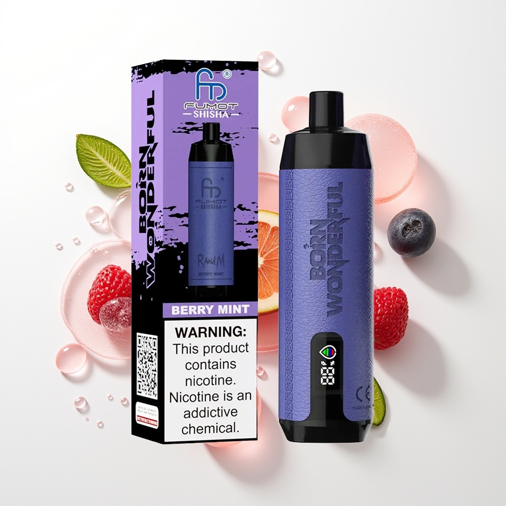 RandM Fumot Shisha 10000 Pūšu Izdzeramais Veips Ogļu Mētra ar LED Indikatoru, 18ml, 850 mAh, 0.6ohm, Type-C, 0.5% Nikotīna