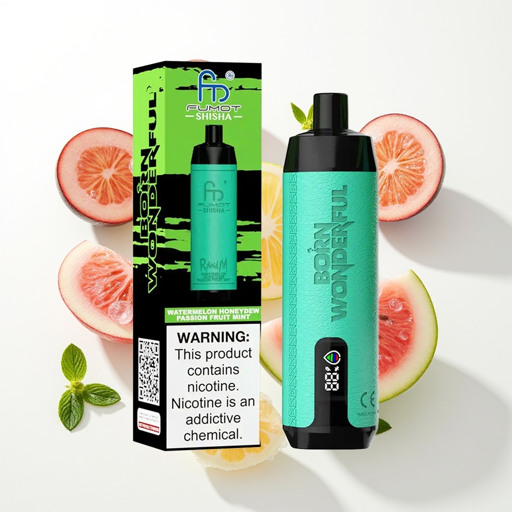 RandM Fumot Shisha 10000 Puffs Arbūzs Medusmelone Pašijas Auglis Mētra LED Indikators 18ml e-šķidrums 850 mAh Akumulators 0.6ohm Sietspole Type-C Ports 0.5% Nikotīns