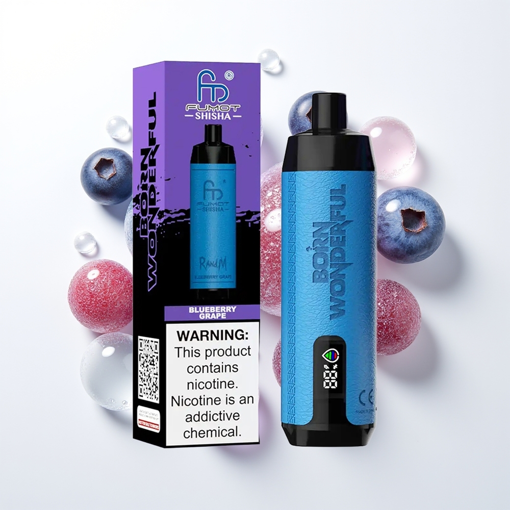 RandM Fumot Shisha 10000 Puffs Blueberry Vīnogu Vienreizējās Lietošanas Vape ar LED Indikatoru, 18ml e-šķidruma, 850 mAh Akumulatoru, 0.6ohm Mesh Spoli un Type-C Portu, 0.5% Nikotīna Saturs