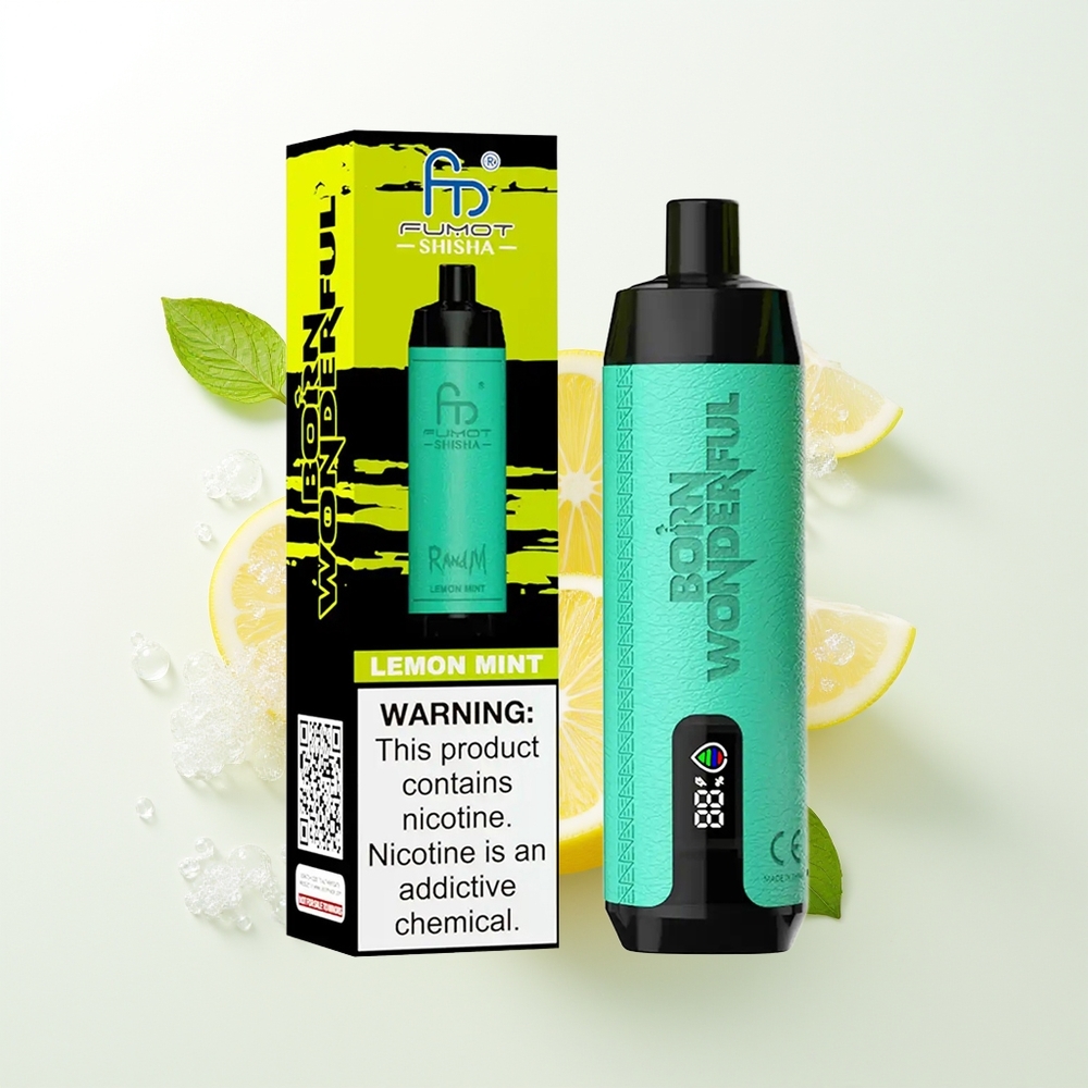 RandM Fumot Shisha 10000 Puffs Citrons Mētra Vienreizējās Lietošanas Vape ar LED Indikatoru, 18ml e-šķidruma, 850 mAh Akumulatoru, 0.6ohm Mesh Spoli, Type-C Port un 0.5% Nikotīna Satura