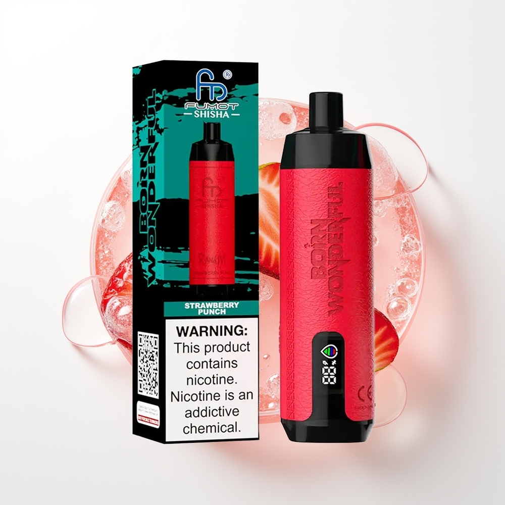 RandM Fumot Shisha 10000 Puffs Zemeņu Punšs LED Indikators 18ml e-šķidrums 850 mAh 0.6ohm Tīkls Tipa-C 0.5% Nikotīns