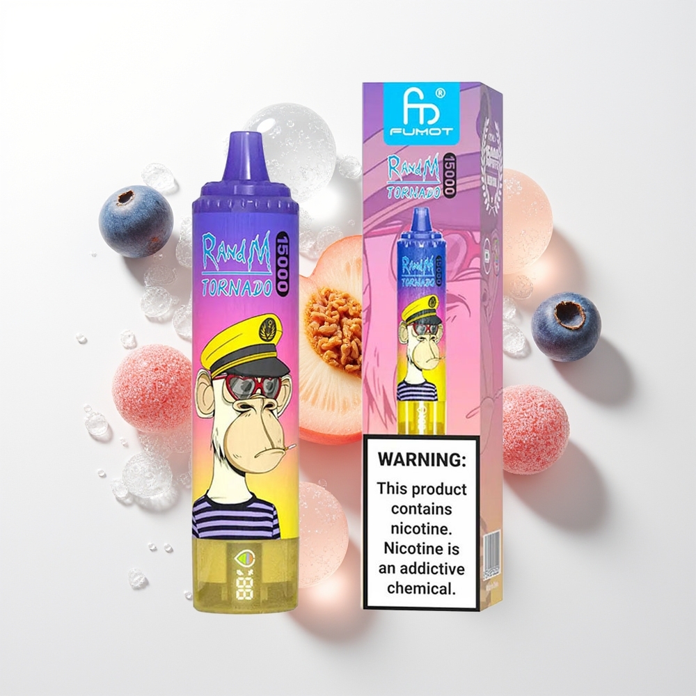 RandM Fumot Tornado 15000 Pūši Persiku Zilberu Konfekšu Vienreizējās Lietošanas Vape ar 25ml šķidruma, 850mAh bateriju, 0.9 Ohm Mesh tinumu, Type-C uzlādi un LCD ekrānu