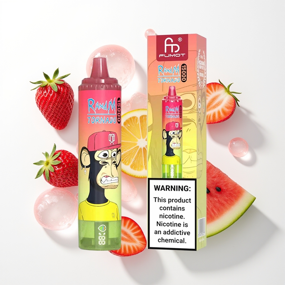 RandM Fumot Tornado 15000 Pūšu Zemeņu Arbūzu Limonādes Vienreizējās Lietošanas Vape ar 25ml šķidruma, 850mAh bateriju, 0.9 Ohm Mesh tinumu, Type-C uzlādi un LCD ekrānu