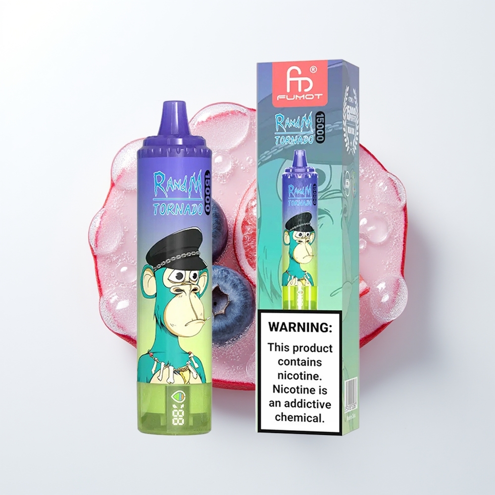RandM Fumot Tornado 15000 Pūšu Zilā Melleņu Burbuļu Gumija Vienreizējās Lietošanas Vape ar 25ml šķidruma, 850mAh bateriju, 0.9 Ohm Mesh tinumu, Type-C uzlādi un LCD ekrānu