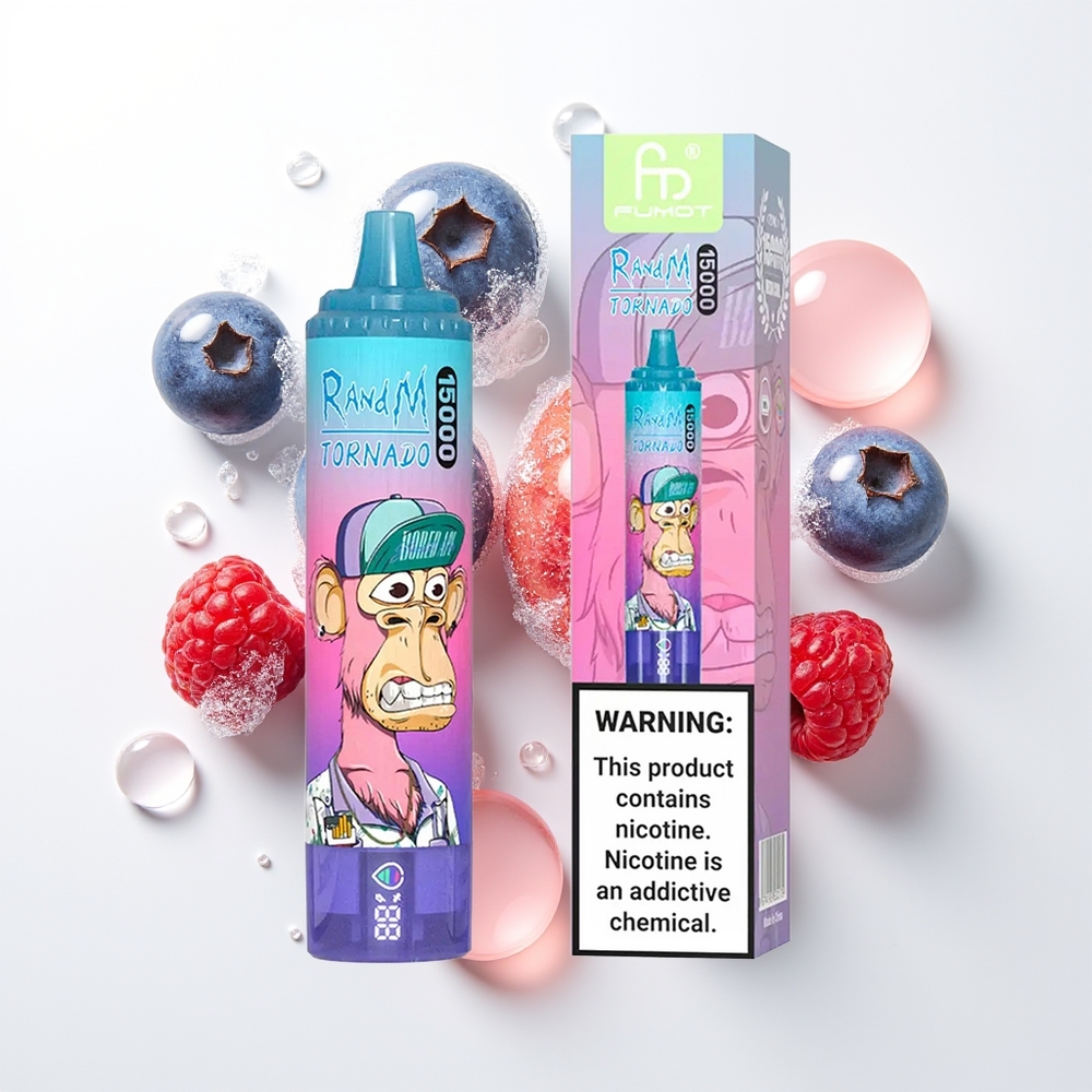 RandM Fumot Tornado 15000 Pūšu Zilauglu Aveņu Vienreizējās Lietošanas Vape ar 25ml šķidruma, 850mAh bateriju, 0.9 Ohm Mesh, Type-C uzlādi un LCD ekrānu