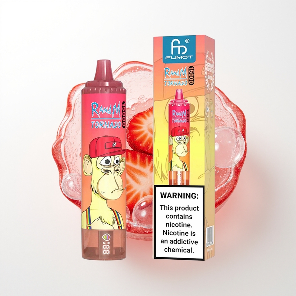 RandM Fumot Tornado 15000 Puffu Vienreizējās Lietošanas Vape Zemeņu Sarkanā Vērsis ar 25ml šķidruma, 850mAh bateriju, 0.9 Ohm Mesh tinumu, LCD ekrānu un Type-C uzlādi