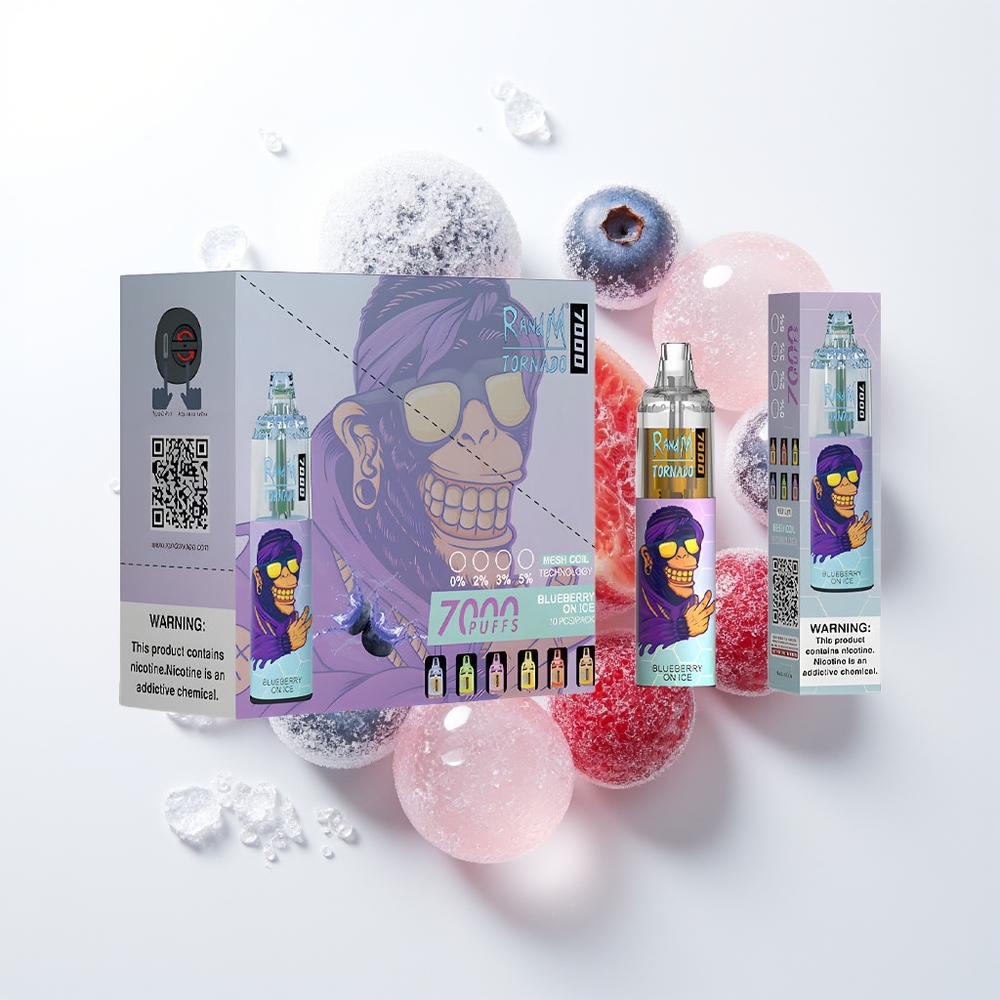 RandM Fumot Tornado 7000 Iesūkšanas Vienreizējās Lietošanas Vape Zemenes Ledūdenī ar 14 ML E-šķidrumu, 850 MAH Bateriju, Miega Spoli, Type-C Portu, RGB Gaismu, 0%,2%,3%,5% Nikotīnu un Gaisa Regulēšanu