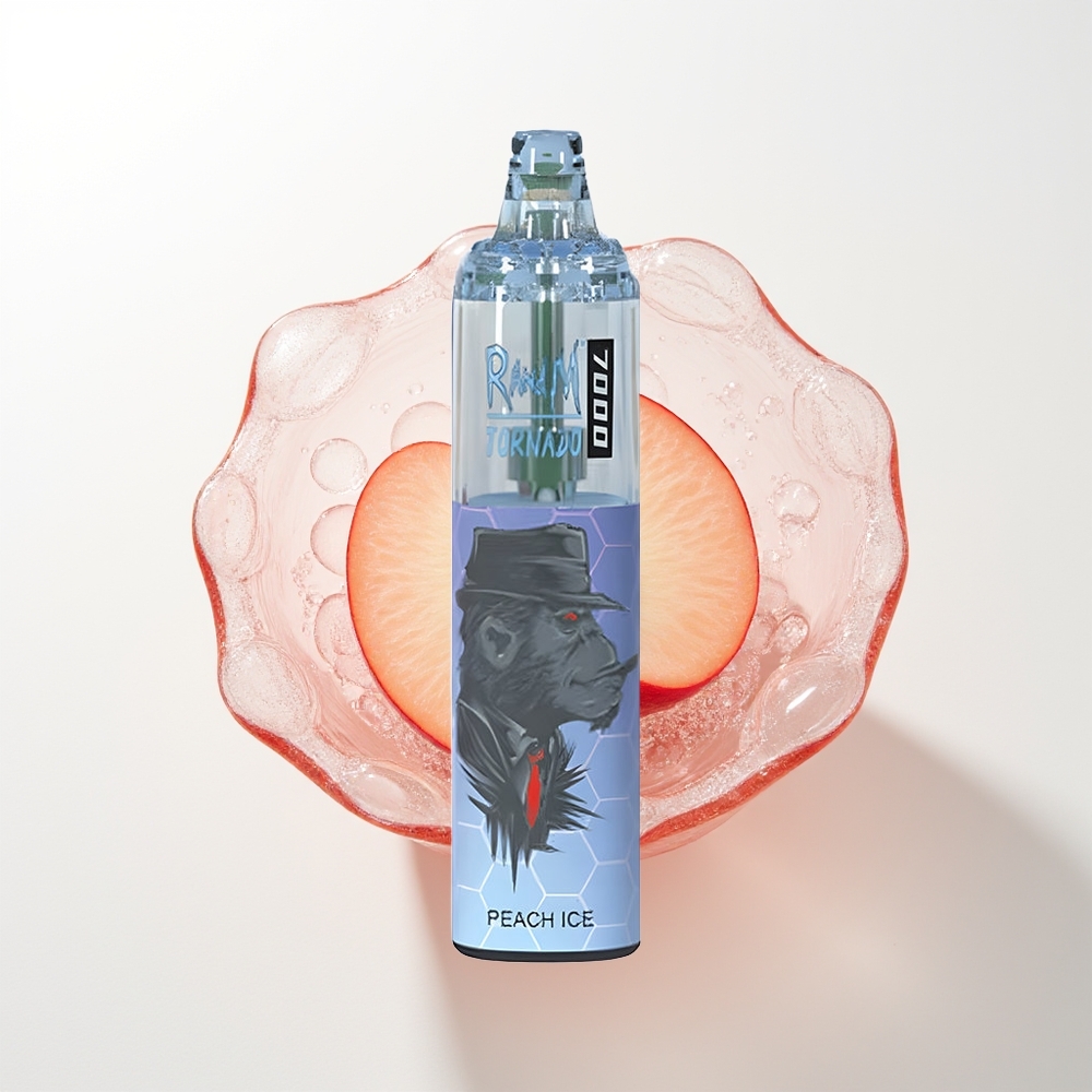 RandM Fumot Tornado 7000 Pūšas Persiku Ledus Vienreizējās Lietošanas Vape ar 14 ML E-šķidruma, 850 MAH Akumulatoru, Sieta Spoli, Type-C Portu, RGB Gaismu un Gaisa Plūsmas Regulēšanu