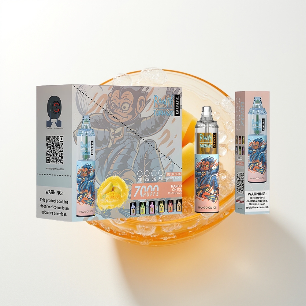 RandM Fumot Tornado 7000 Pūšu Mango Ledū Vienreizējās Lietošanas Vape ar 14 ML E-šķidruma, 850 MAH Akumulatoru, Sietveida Spoli, Type-C Portu, RGB Gaismu un Gaisa Plūsmas Regulēšanu