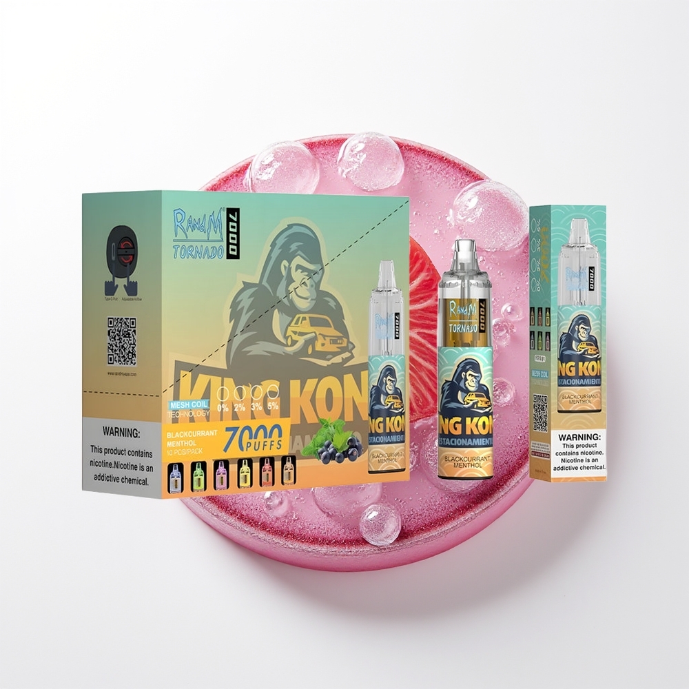 RandM Fumot Tornado 7000 Pūšu Melnā Ribes Mentola Vienreizējās Lietošanas Vape ar 14 ML E-šķidruma, 850 MAH Akumulatoru, Sieta Spoli, Type-C Portu, RGB Gaismu un Gaisa Plūsmas Regulēšanu