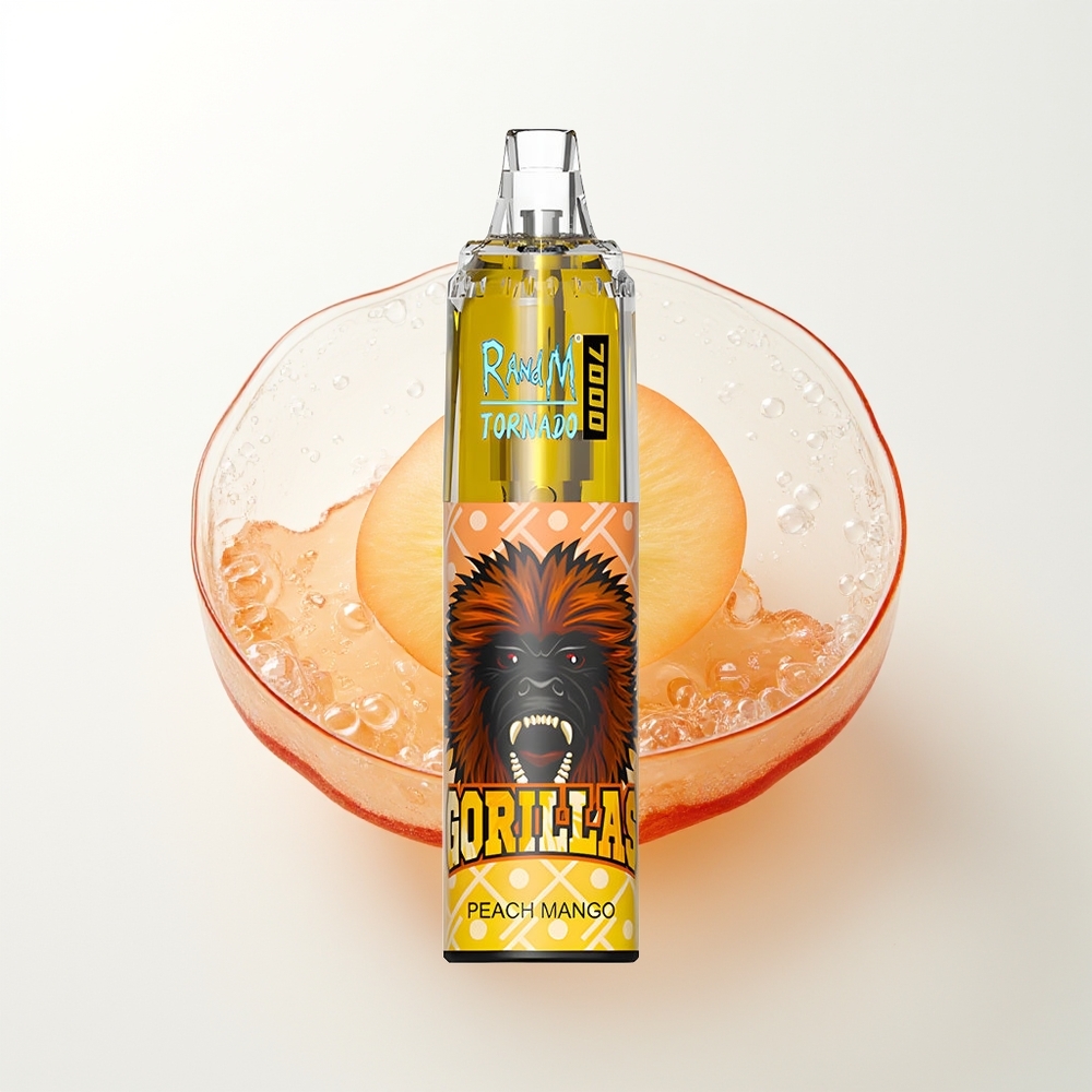 RandM Fumot Tornado 7000 Pūšu Persiku Mango Iztērējams Veips ar 14 ML E-šķidruma, 850 MAH Akumulatoru, Siets Spole, Type-C Portu, RGB Gaismu un Gaisa Regulēšanu