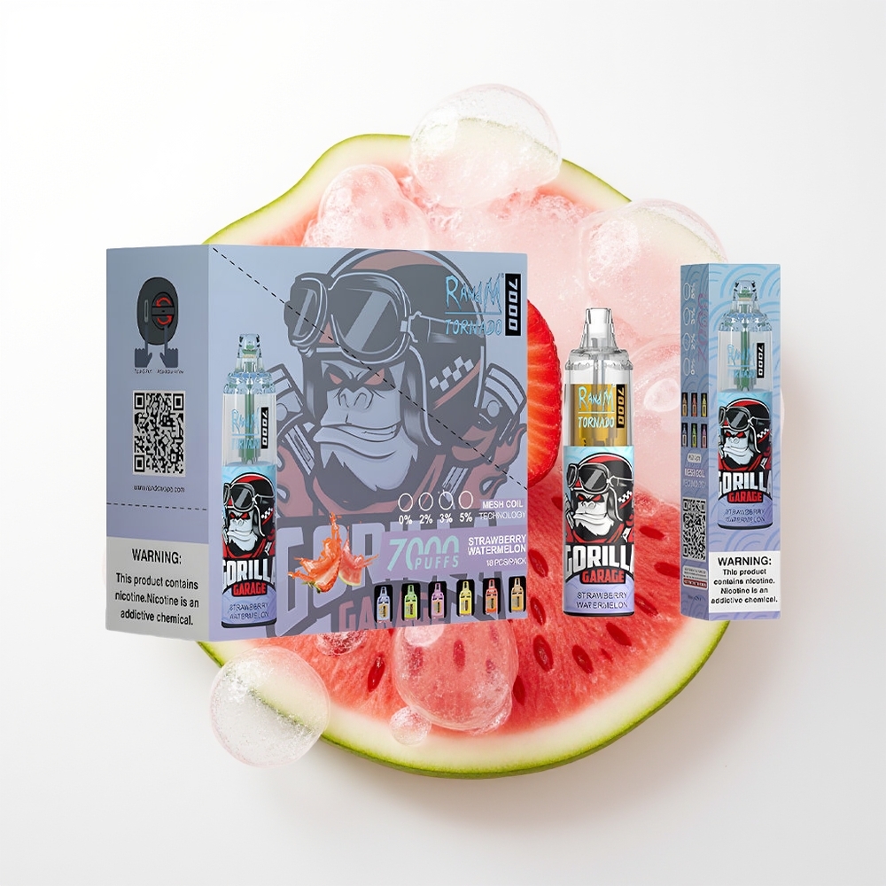 RandM Fumot Tornado 7000 Pūšu Zemeņu Arbūzu Vienreizējās Lietošanas Vape ar 14 ML E-šķidrumu, 850 MAH Akumulatoru, Mēsas Spoli, Type-C Portu, RGB Gaismu un Gaisa Regulēšanu