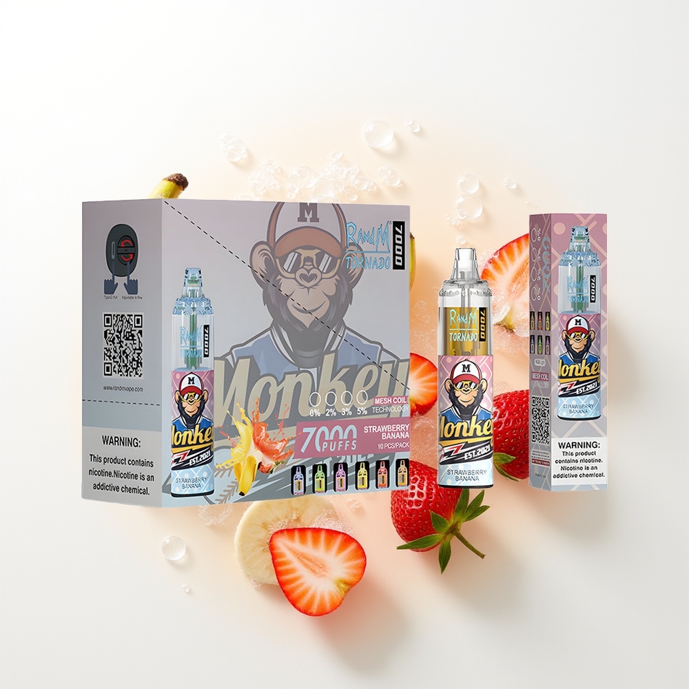 RandM Fumot Tornado 7000 Pūšu Zemeņu Banānu Vienreizējās Lietošanas Vape ar 14 ML E-šķidrumu, 850 MAH Akumulatoru, Mēsmaisli, Type-C Portu, RGB Gaismu un Gaisa Regulēšanu