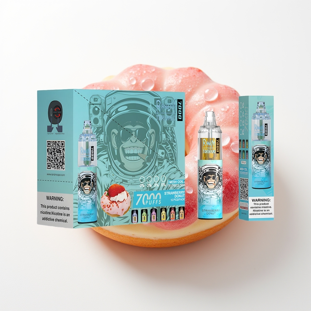 RandM Fumot Tornado 7000 Pūšu Zemeņu Donuts Vienreizējās Lietošanas Vape ar 14 ML E-šķidruma, 850 MAH Akumulatoru, Režģa Spoli, Type-C Portu, RGB Gaismu un Gaisa Plūsmas Regulēšanu