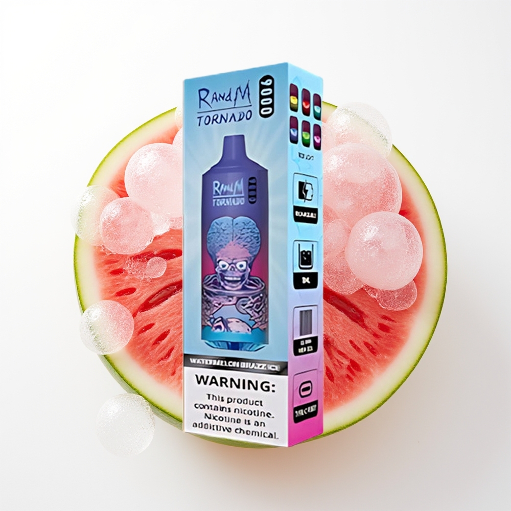RandM Fumot Tornādo 9000 Pūfi Arbūza Brazz Ledus Vienreizējās Lietošanas Vape ar 850 mAh Uzlādējamo Bateriju, 18 mL E-šķidruma Tilpumu, Mērglietas Tipu un Elegantu RGB Displeju