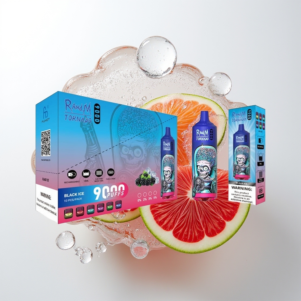 RandM Fumot Tornado 9000 Pūš Melnā Ledus 850 mAh Uzlādējams 18 mL Siets Spole RGB Displejs 54 Garšas
