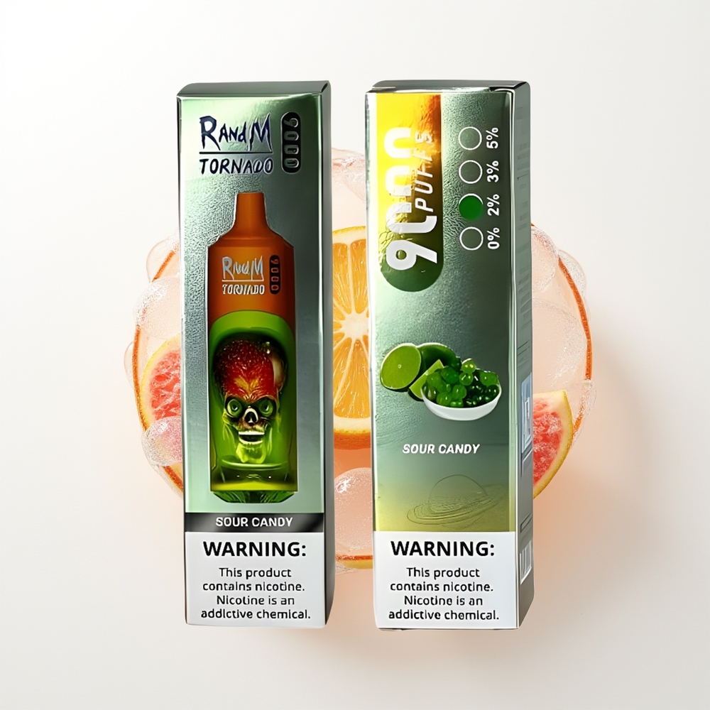 RandM Fumot Tornado 9000 Pūšanas Skābā Konfekšu Vienreizējās Lietošanas Vape ar 850 mAh Uzlādējamo Bateriju, 18 mL E-šķidruma Tilpumu, Mesh Spoles un Elegantu RGB Displeju