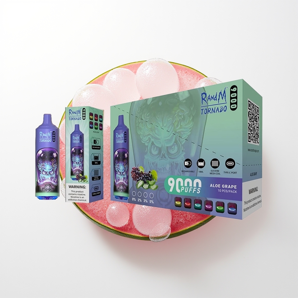 RandM Fumot Tornado 9000 Pūši Alu Vīnoga Vienreizējās Lietošanas Vape 850 mAh Uzlādējams 18 mL RGB Displejs 54 Garšas
