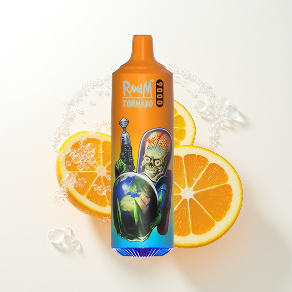 RandM Fumot Tornado 9000 Pūšu Apelsīnu Soda Vienreizējās Lietošanas Vape ar 850 mAh Uzlādējamo Bateriju, 18 mL E-šķidruma Tilpumu, Mesh Coil un RGB Displeju