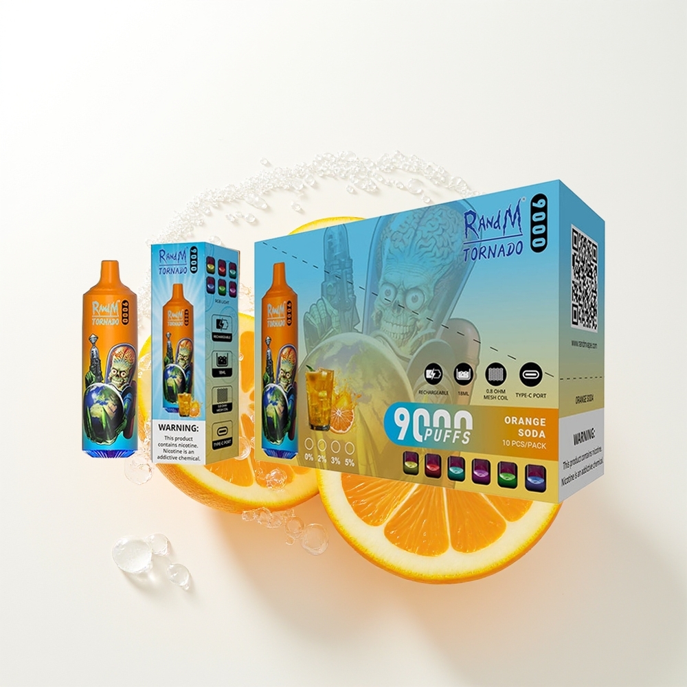 RandM Fumot Tornado 9000 Pūšu Apelsīnu Soda Vienreizējās Lietošanas Vape ar 850 mAh Uzlādējamo Bateriju, 18 mL E-šķidruma Tilpumu, Mesh Coil un RGB Displeju