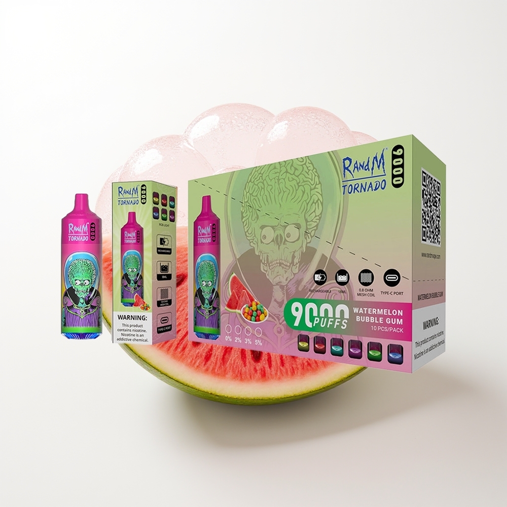 RandM Fumot Tornado 9000 Pūšu Arbūza Burbuļu Gumijas Vienreizējās Lietošanas Vape ar 850 mAh Akumulatoru, 18 mL E-Šķidruma, Mesh Spole un RGB Displeju