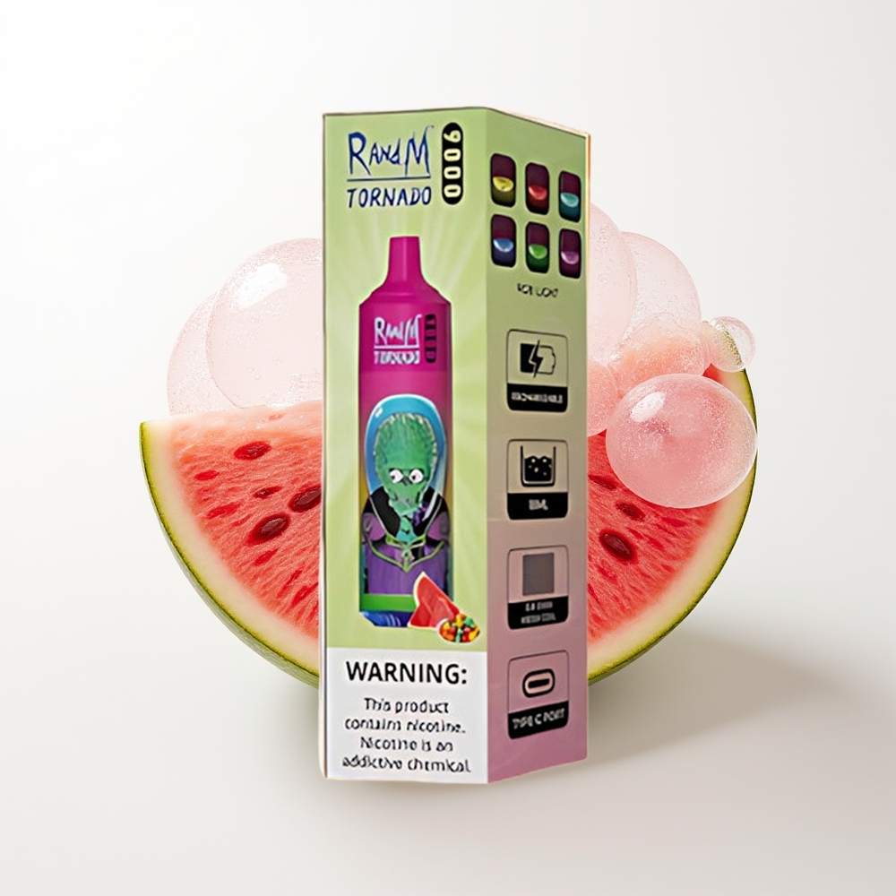 RandM Fumot Tornado 9000 Pūšu Arbūza Burbuļu Gumijas Vienreizējās Lietošanas Vape ar 850 mAh Akumulatoru, 18 mL E-Šķidruma, Mesh Spole un RGB Displeju