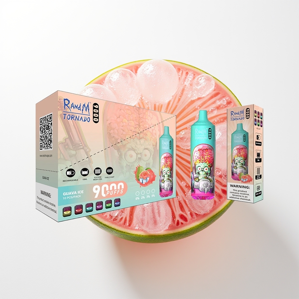 RandM Fumot Tornado 9000 Pūšu Guava Ledus ar 850 mAh Uzlādējamo Bateriju, 18 mL E-Šķidruma, Režģa Spoli un RGB Displeju