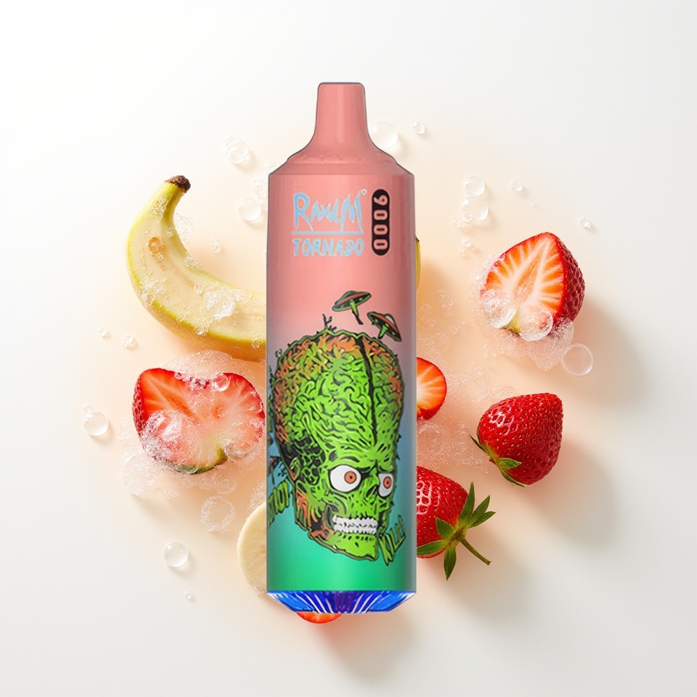 RandM Fumot Tornado 9000 Puffi Zemeņu Banānu Vienreizējās Lietošanas Vape ar 850 mAh Uzlādējamo Akumulatoru, 18 mL E-Šķidruma Ietilpību, Mesh Spoli un RGB Displeju
