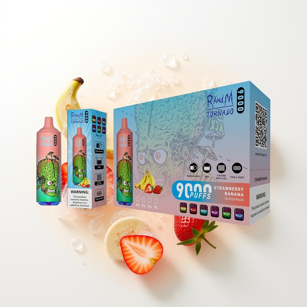 RandM Fumot Tornado 9000 Puffi Zemeņu Banānu Vienreizējās Lietošanas Vape ar 850 mAh Uzlādējamo Akumulatoru, 18 mL E-Šķidruma Ietilpību, Mesh Spoli un RGB Displeju