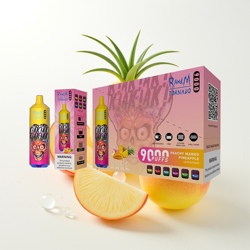 RandM Fumot Tornado 9000 Puffs Persiku Mango Ananāsu Vienreizējās Lietošanas Vape ar 850 mAh Uzlādējamo Bateriju, 18 mL E-šķidruma, Mesh Spole un RGB Displeju