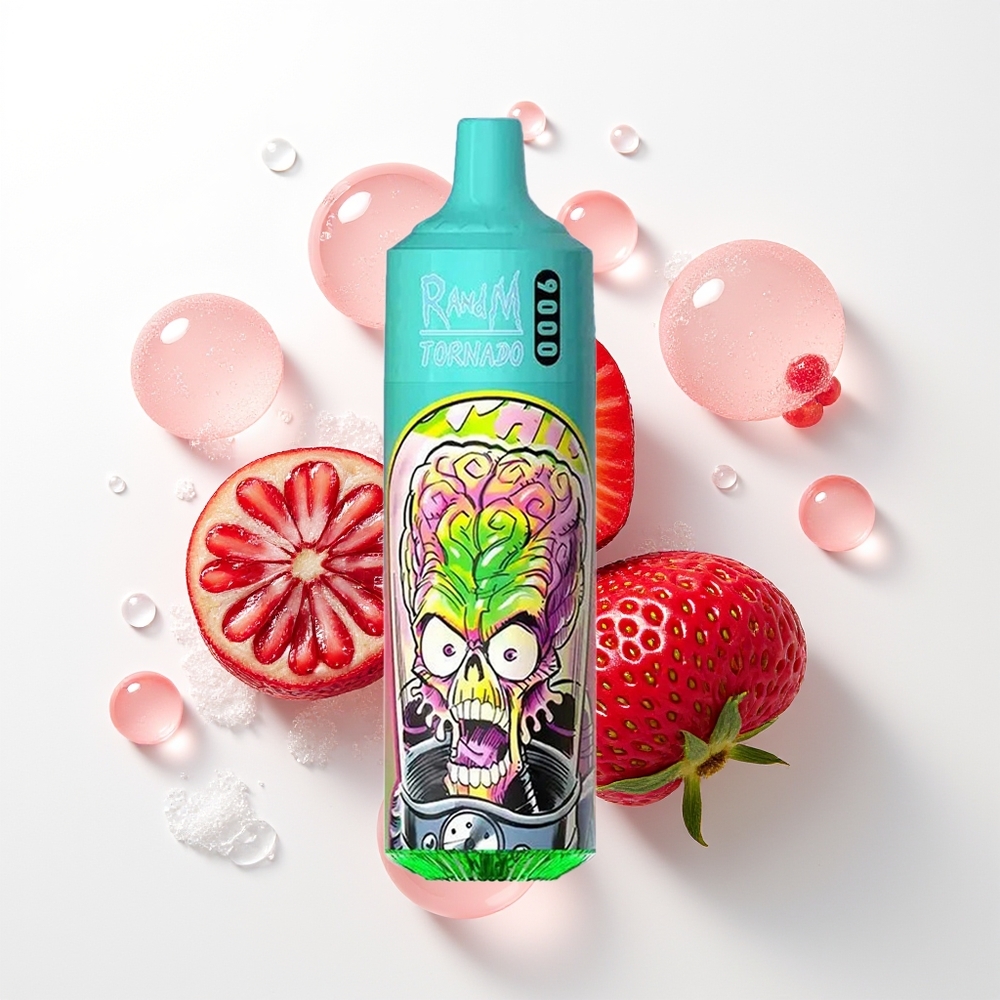 RandM Fumot Tornado 9000 Puffs Vienreizējās Lietošanas Vape Zemeņu Granāts 18 mL RGB Displeja Tīklveida Spole