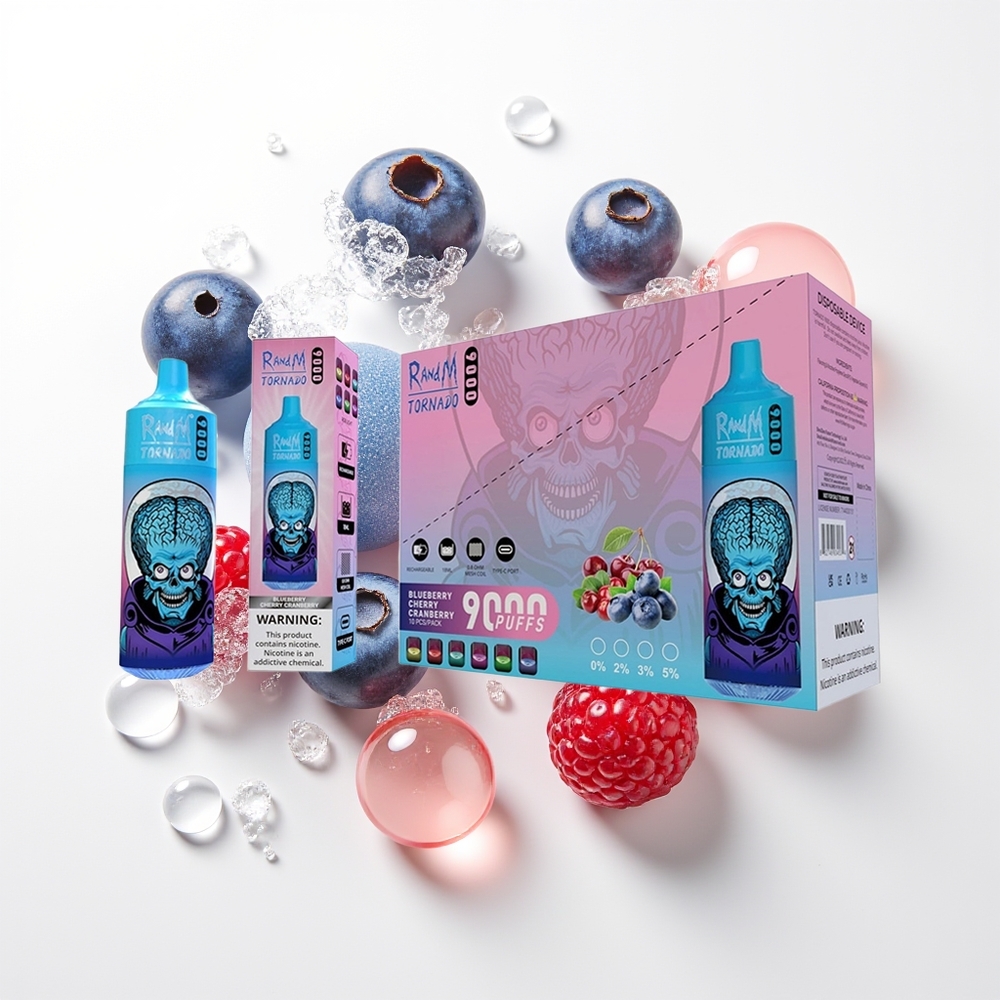 RandM Fumot Tornado 9000 Puffs Zilā ķiršeja dzērveņu Vienreizējās Lietošanas Vape ar 850 mAh Uzlādējamo Bateriju, 18 mL E-glicerīna Tilpumu, Mesh Spoli un Elegantu RGB Displeju