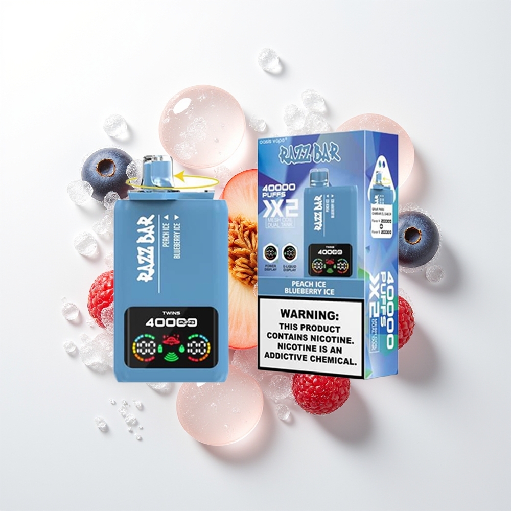 Razz Bar 40000 Pūšu Vienreizējās Lietošanas Vape Persiku Ledus - Melleņu Ledus ar Power Screen Display, 1.0Ohm 2 Mesh Coil, 650 Mah Battery Type-C Port, 2%/5% Nikotīna Saturs