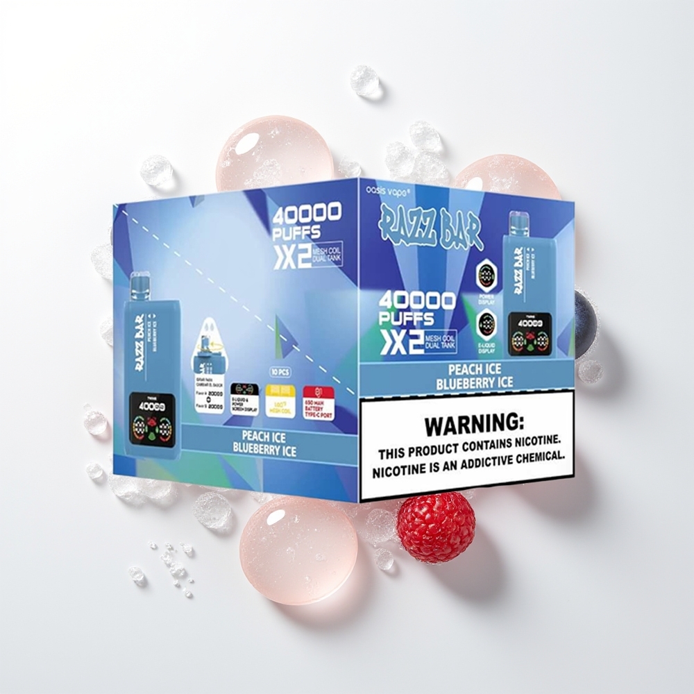 Razz Bar 40000 Pūšu Vienreizējās Lietošanas Vape Persiku Ledus - Melleņu Ledus ar Power Screen Display, 1.0Ohm 2 Mesh Coil, 650 Mah Battery Type-C Port, 2%/5% Nikotīna Saturs