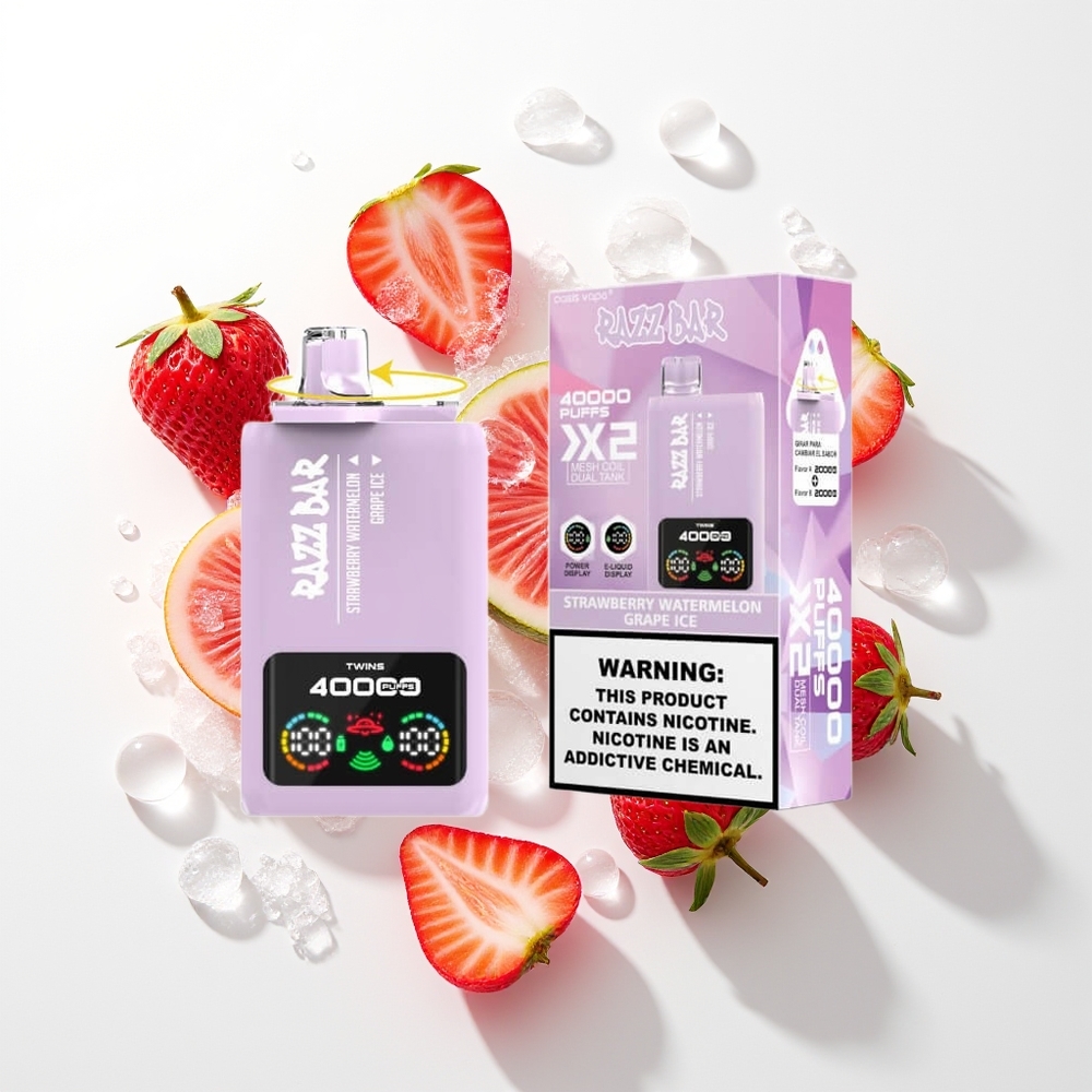 Razz Bar 40000 Pūšu Vienreizējās Lietošanas Vape Zemeņu Arbūzs - Vīnogu Ledus ar Power Screen Display, 1.0Ohm 2 Mesh Coil, 650 Mah Battery Type-C Port, 2%,5% Nikotīna Saturs