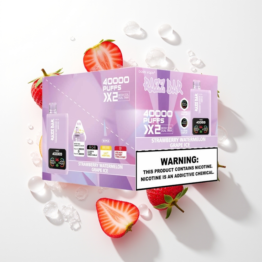 Razz Bar 40000 Pūšu Vienreizējās Lietošanas Vape Zemeņu Arbūzs - Vīnogu Ledus ar Power Screen Display, 1.0Ohm 2 Mesh Coil, 650 Mah Battery Type-C Port, 2%,5% Nikotīna Saturs