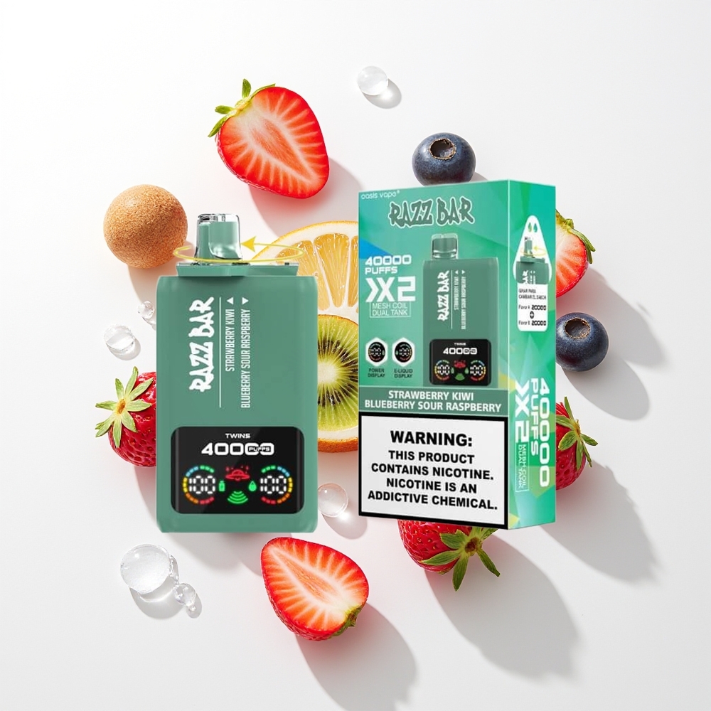 Razz Bar 40000 Pūšu Vienreizējās Lietošanas Vape Zemeņu Kiwi - Melleņu Skābā Avene ar Power Screen Display, 1.0Ohm 2 Mesh Coil, 650 Mah Battery Type-C Port, 2%,5% Nikotīna Saturs