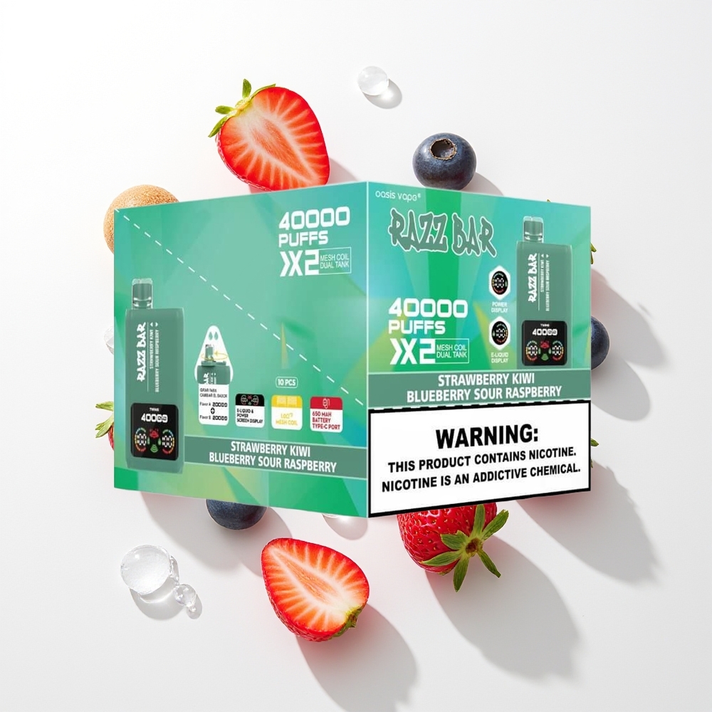 Razz Bar 40000 Pūšu Vienreizējās Lietošanas Vape Zemeņu Kiwi - Melleņu Skābā Avene ar Power Screen Display, 1.0Ohm 2 Mesh Coil, 650 Mah Battery Type-C Port, 2%,5% Nikotīna Saturs
