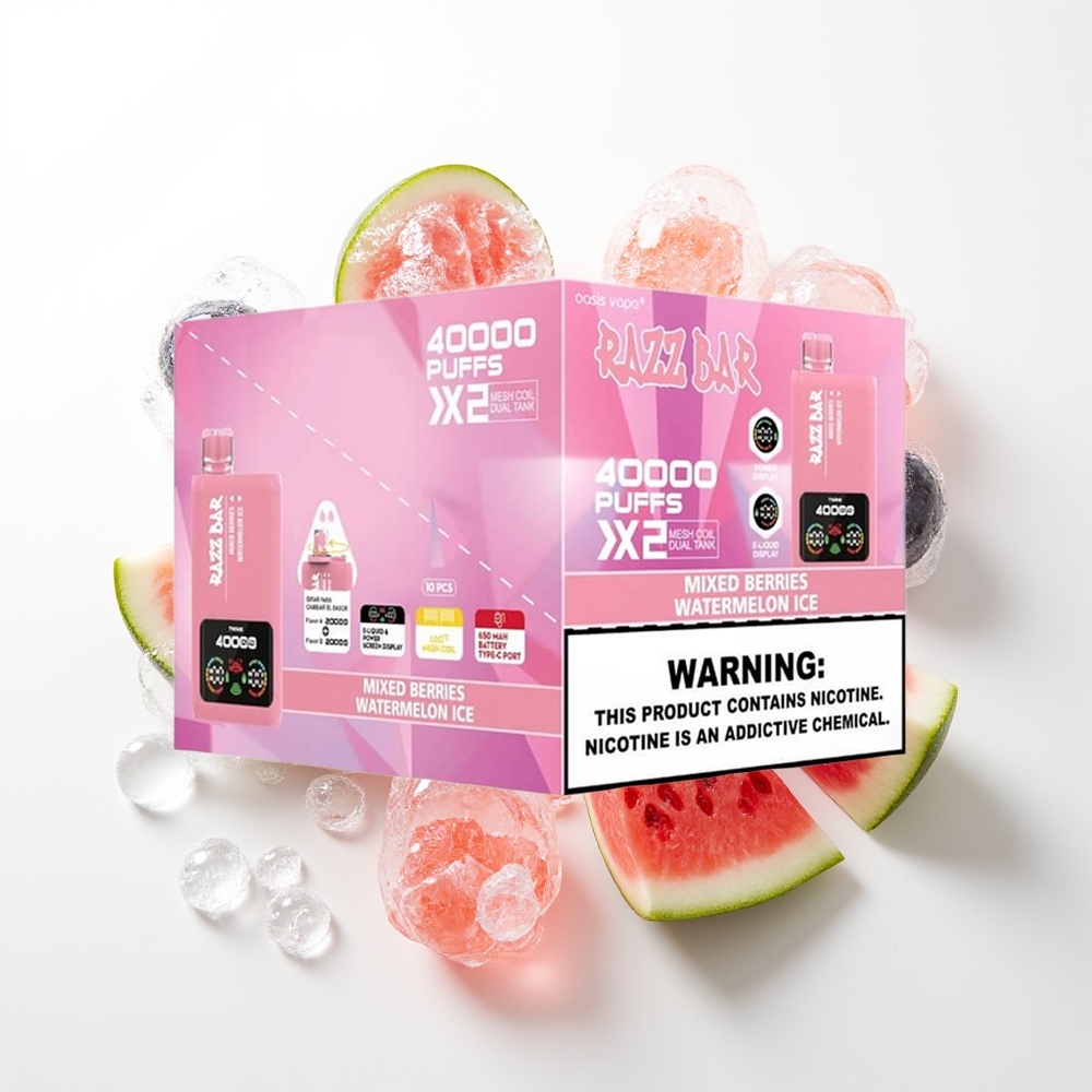 Razz Bar 40000 Puffs Vienreizējās Lietošanas Vape Jauktas Ogles - Arbūzu Ledus ar Power Screen Display, 1.0Ohm 2 Mesh Coil, 650 Mah Battery Type-C Port, 2%,5% Nikotīna Saturs