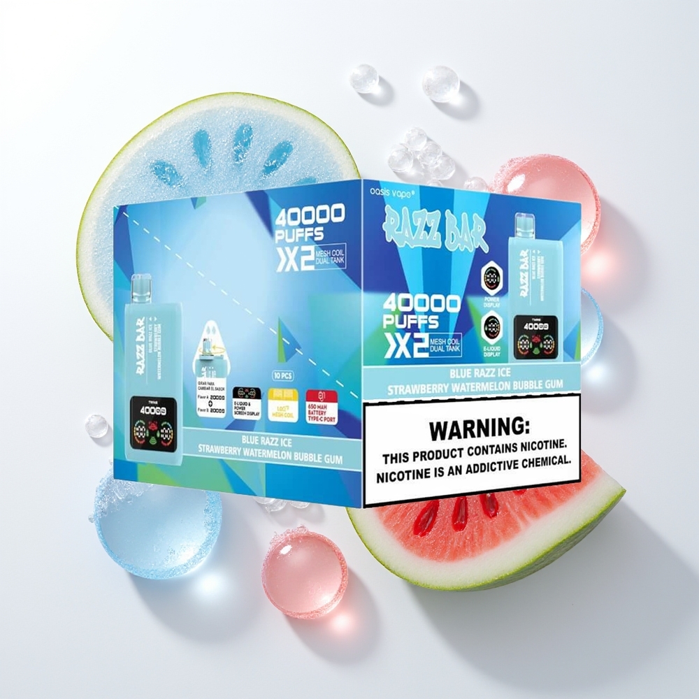 Razz Bar 40000 Puffs Vienreizējās Lietošanas Vape Zilā Aveņu Ledus-Zemenes Arbūzu Burbuļu Gumija, Power Screen Display, 1.0Ohm 2 Mesh Coil, 650 Mah Battery Type-C Port, 2%,5% Nikotīna Saturs